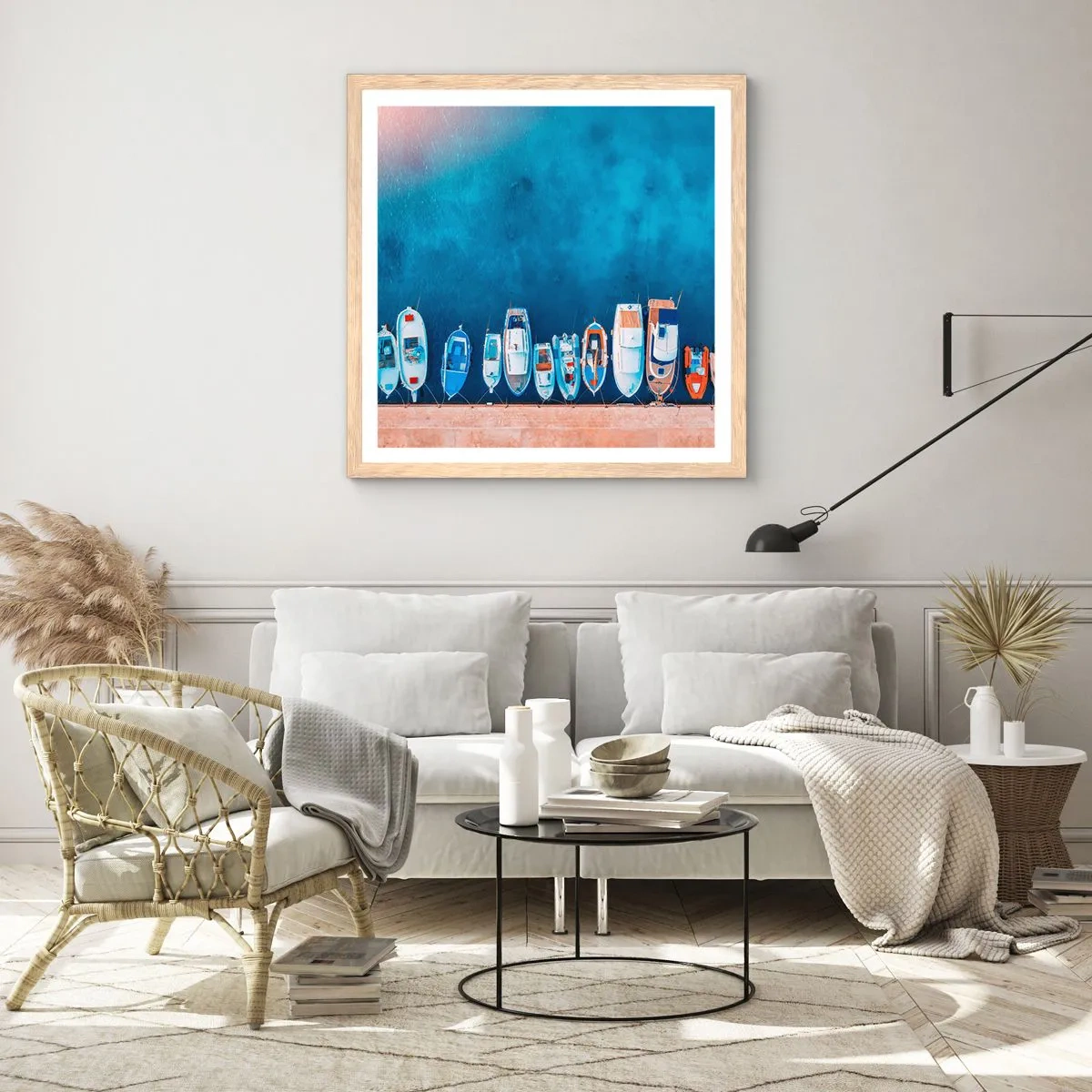 Póster en marco roble claro - En fila y a la espera - 30x30 cm