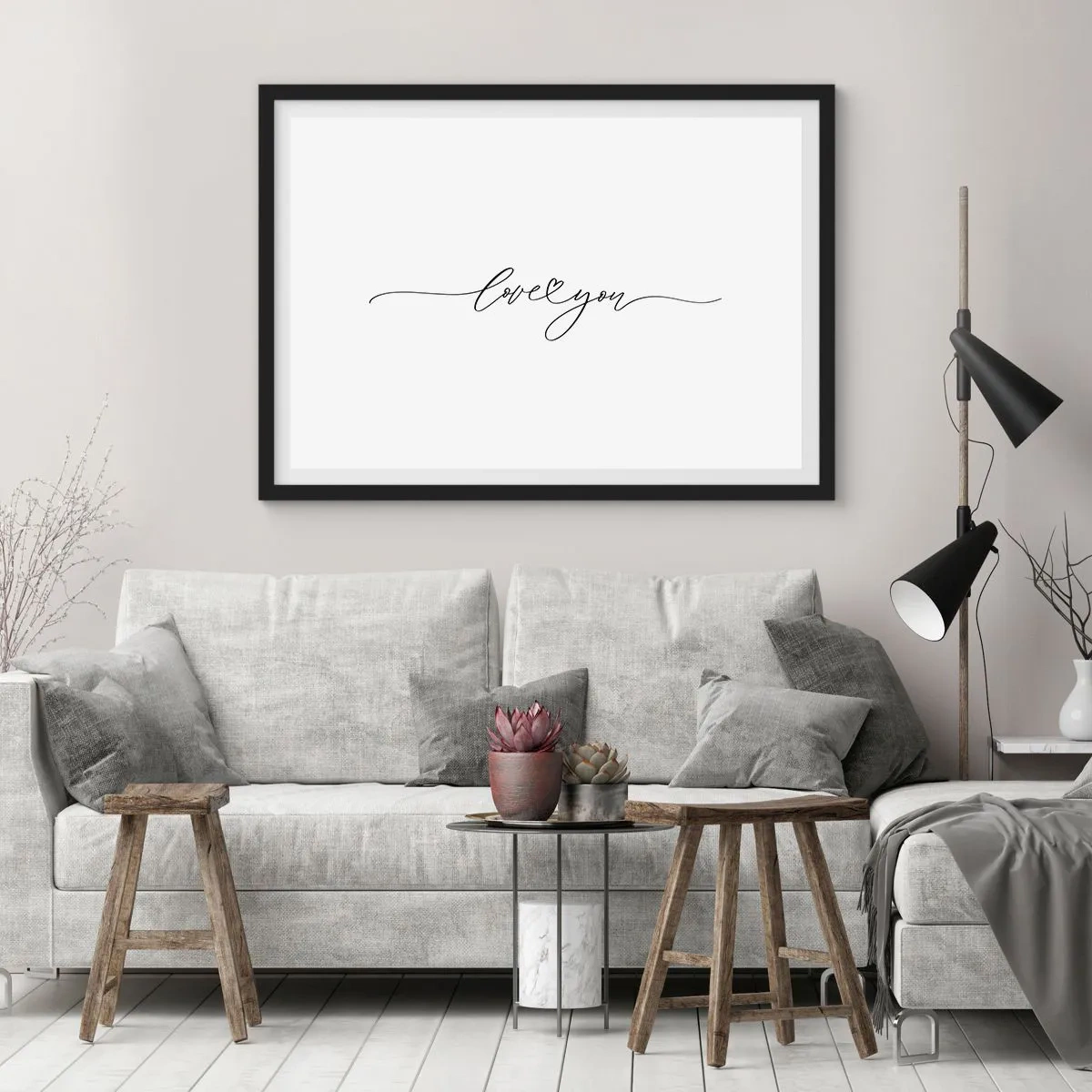 Póster en marco negro - La inscripción "Te amo" en una fuente elegante. - 70x50cm - Negro sobre blanco - Decoración de pared moderna para salón y dormitorio ARTTOR