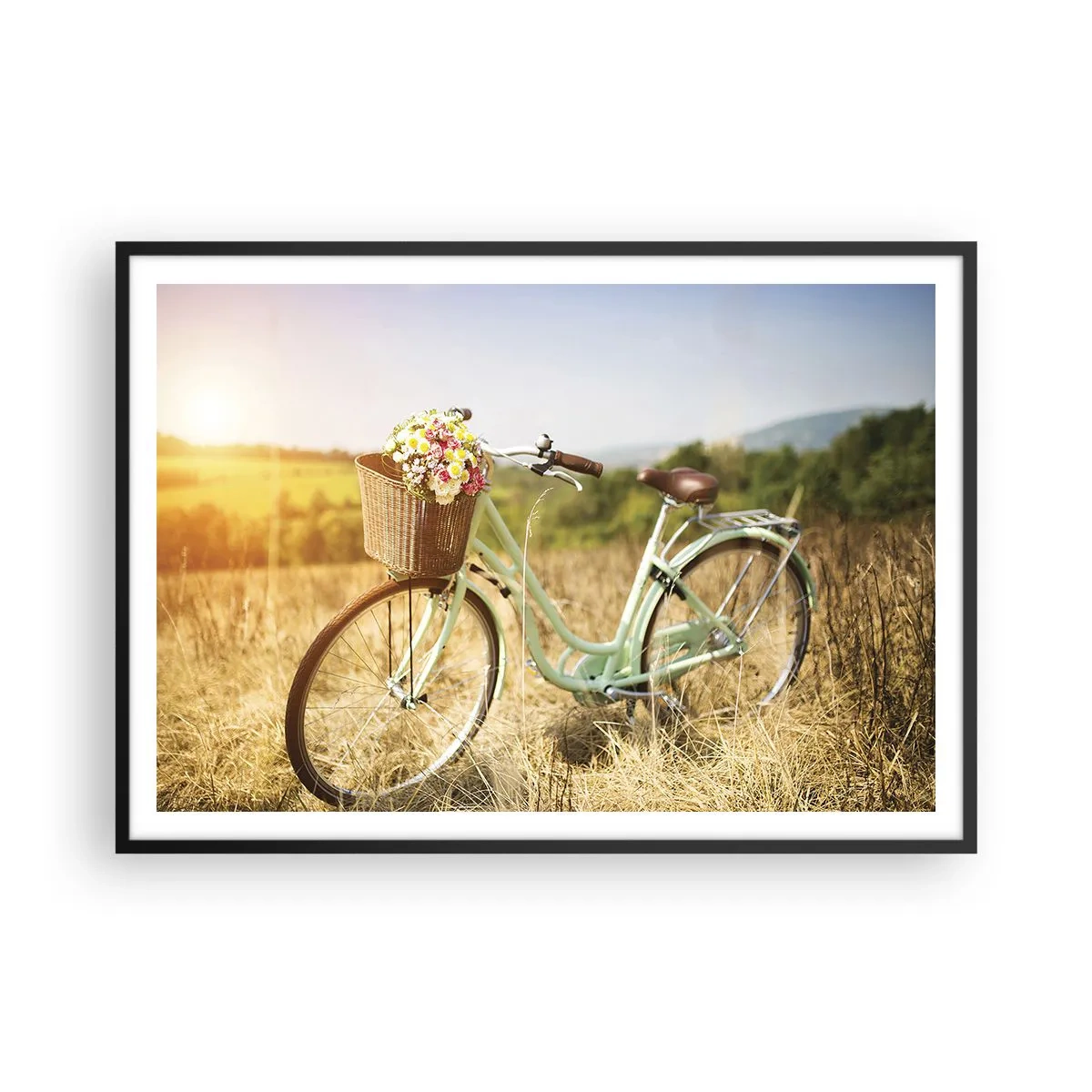 Póster en marco negro - Una bicicleta retro con una cesta llena de flores sobre un fondo de pradera. - 100x70cm - Me quedaré aquí un tiempo - Decoración de pared moderna para salón y dormitorio ARTTOR