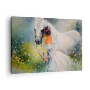 Cuadro sobre lienzo - Impresión de Imagen - Una mujer con un caballo blanco en un entorno pintoresco. - 70x50cm - Como si de un hermoso sueño se tratara - Decoración de pared moderna para salón y dormitorio ARTTOR