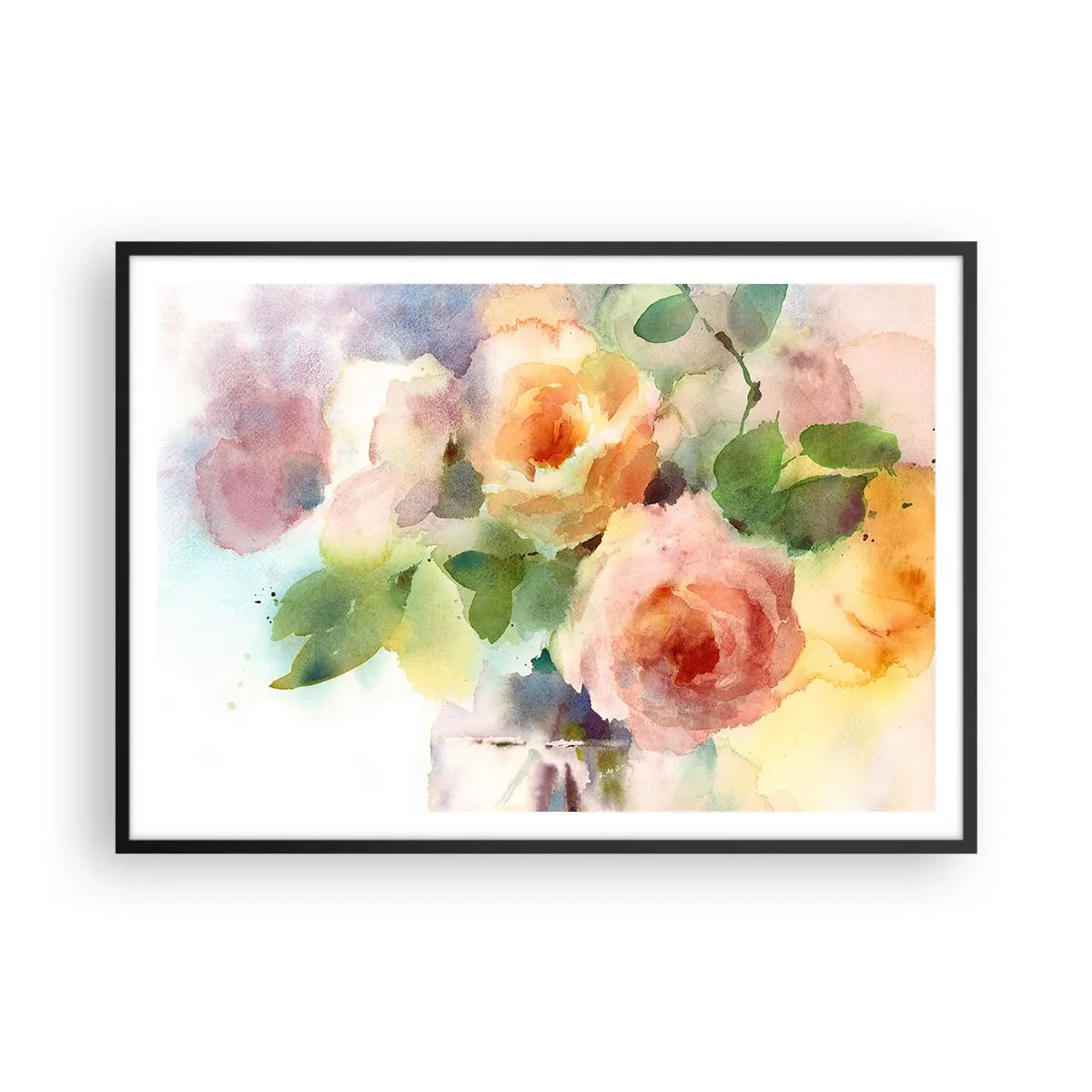 Póster en marco negro - Delicadas rosas estilo acuarela sobre un fondo claro. - 100x70cm - Delicado como una acuarela - Decoración de pared moderna para salón y dormitorio ARTTOR