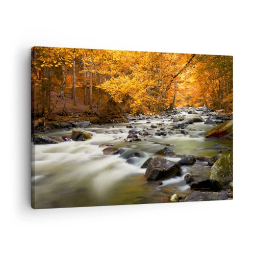 Cuadro sobre lienzo - Impresión de Imagen - Un arroyo en un bosque otoñal rodeado de hojas doradas. - 70x50cm - Un arroyo en un bosque dorado - Decoración de pared moderna para salón y dormitorio ARTTOR