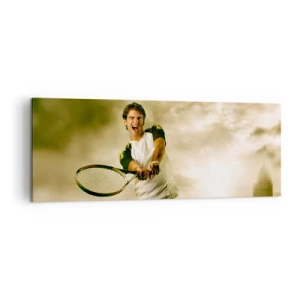 Cuadro sobre lienzo - Impresión de Imagen - Jugador de tenis en acción durante un partido con el telón de fondo de un paisaje urbano. - 140x50cm - Energía y alegría - Decoración de pared moderna para salón y dormitorio ARTTOR