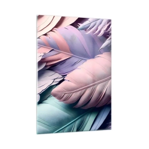 Cuadro sobre vidrio - Impresiones sobre Vidrio - Plumas pastel en tonos rosa, morado y turquesa. - 50x70cm - Pájaro chic - Decoración de pared moderna para salón y dormitorio ARTTOR