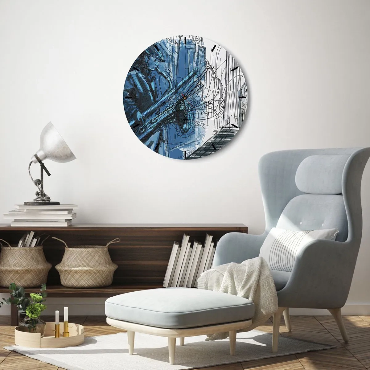 Reloj de pared - Reloj de vidrio - Un músico de jazz en una interpretación artística. - 30x30cm - Rapsodia urbana - Decoración de pared moderna para salón, cocina y dormitorio ARTTOR