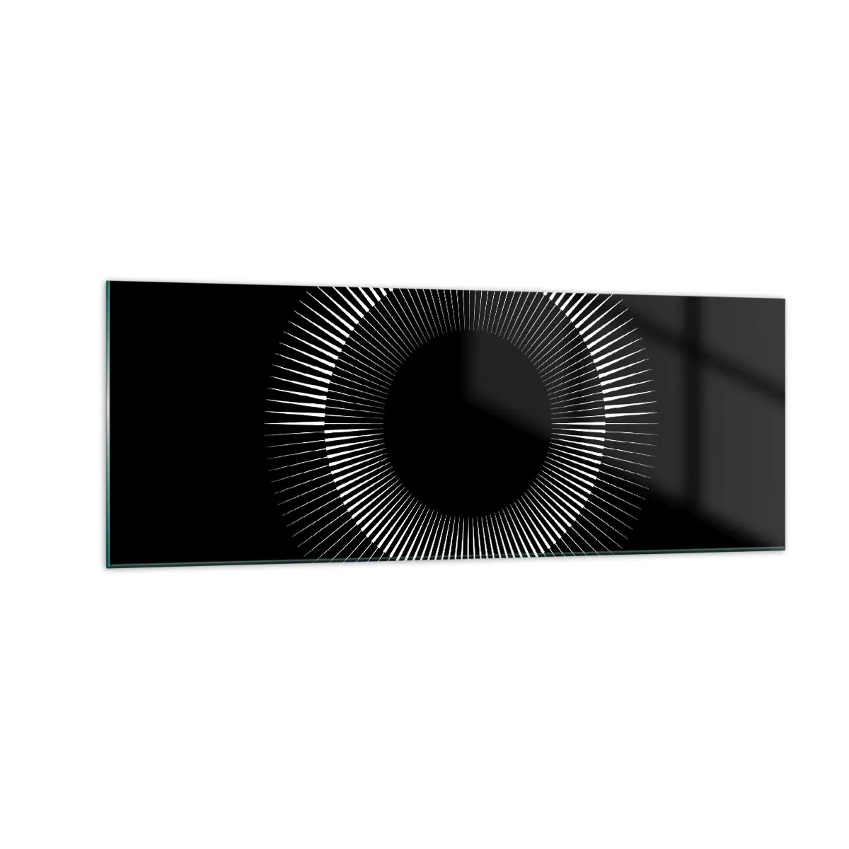 Cuadro sobre vidrio - Impresiones sobre Vidrio - Círculo gráfico con rayos en blanco y negro - 140x50cm - Sol negro - Decoración de pared moderna para salón y dormitorio ARTTOR