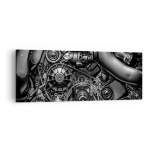 Cuadro sobre lienzo - Impresión de Imagen - Primer plano en blanco y negro de los detalles mecánicos de un motor de automóvil. - 140x50cm - La poesía de la mecánica - Decoración de pared moderna para salón y dormitorio ARTTOR