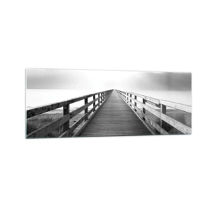 Cuadro sobre vidrio - Impresiones sobre Vidrio - Una imagen en blanco y negro de un embarcadero de madera que conduce hacia el horizonte. - 140x50cm - En la distancia... - Decoración de pared moderna para salón y dormitorio ARTTOR