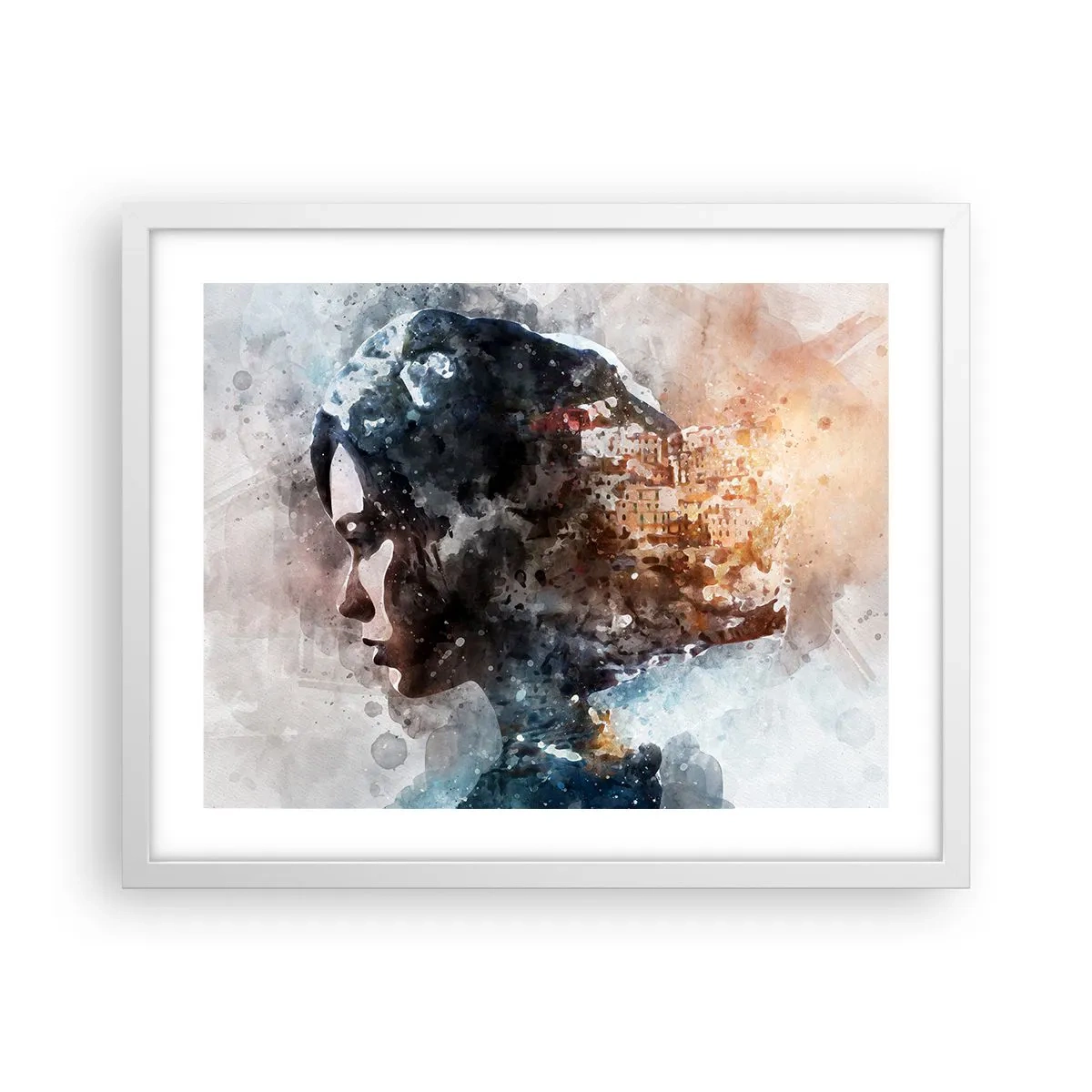 Póster en marco blanco - Una historia sobre una niña con una ciudad de fondo - 50x40 cm