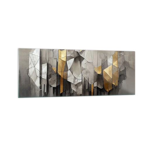 Cuadro sobre vidrio - Impresiones sobre Vidrio - Abstracción geométrica en tonos dorados y grises. - 140x50cm - Composición hecha de hielo y luz - Decoración de pared moderna para salón y dormitorio ARTTOR