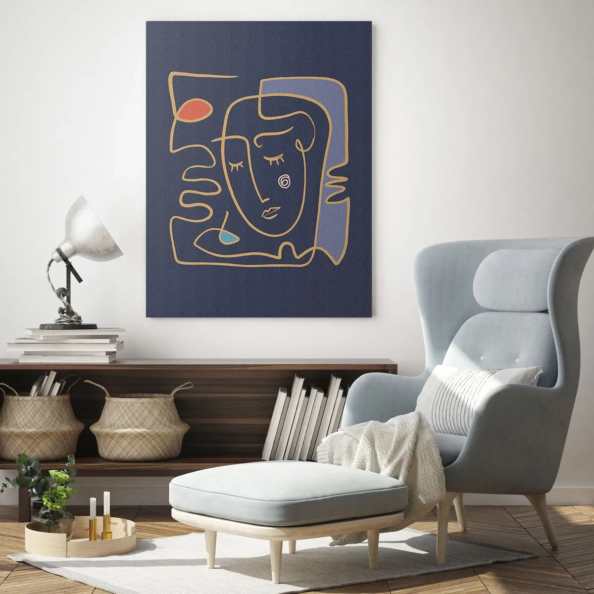 Cuadro sobre vidrio - Impresiones sobre Vidrio - Rostro abstracto delineado sobre un fondo azul marino - 50x70cm - En un maravilloso sueño - Decoración de pared moderna para salón y dormitorio ARTTOR