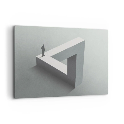 Cuadro sobre lienzo - Impresión de Imagen - Una figura parada sobre un triángulo de Penrose en tonos de gris. - 100x70cm - Y, sin embargo, es posible - Decoración de pared moderna para salón y dormitorio ARTTOR