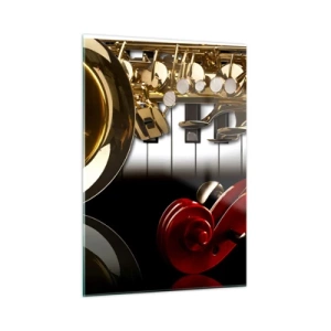 Cuadro sobre vidrio - Impresiones sobre Vidrio - Saxofón, teclado y arco en una composición artística - 50x70cm - Chapa, madera y marfil - Decoración de pared moderna para salón y dormitorio ARTTOR