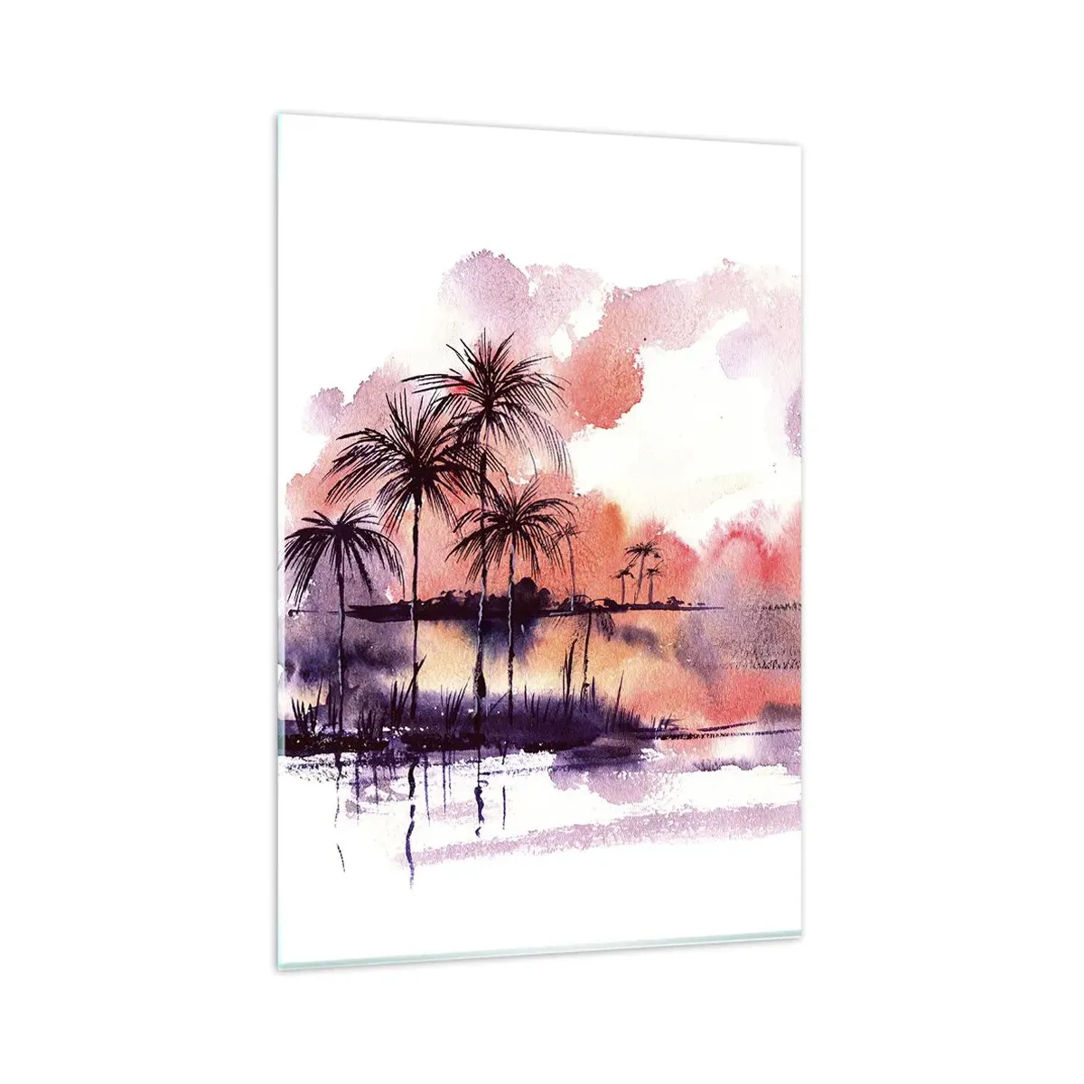 Cuadro sobre vidrio - Impresiones sobre Vidrio - Paisaje tropical con palmeras al atardecer en acuarela. - 80x120cm - La calma de los trópicos en rojo - Decoración de pared moderna para salón y dormitorio ARTTOR