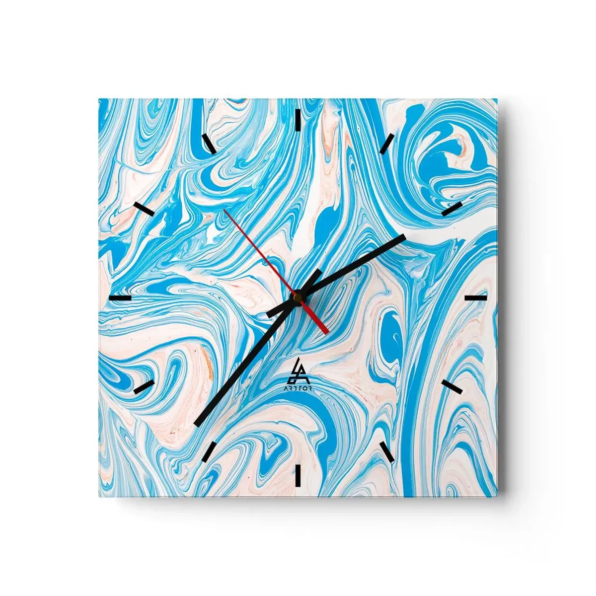 Reloj de pared - Reloj de vidrio - Remolinos abstractos de estilo mármol azul y blanco - 30x30cm - Llanura de inundación turquesa - Decoración de pared moderna para salón y dormitorio ARTTOR