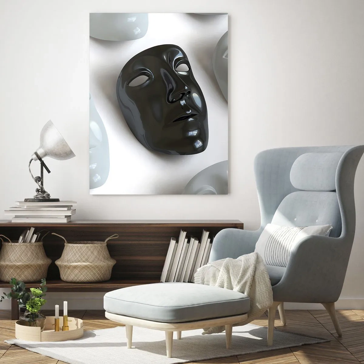 Cuadro sobre vidrio - Impresiones sobre Vidrio - Una máscara en blanco y negro sobre un fondo de máscaras blancas sobre un fondo claro. - 50x70cm - ¿Cómo destacar? - Decoración de pared moderna para salón y dormitorio ARTTOR