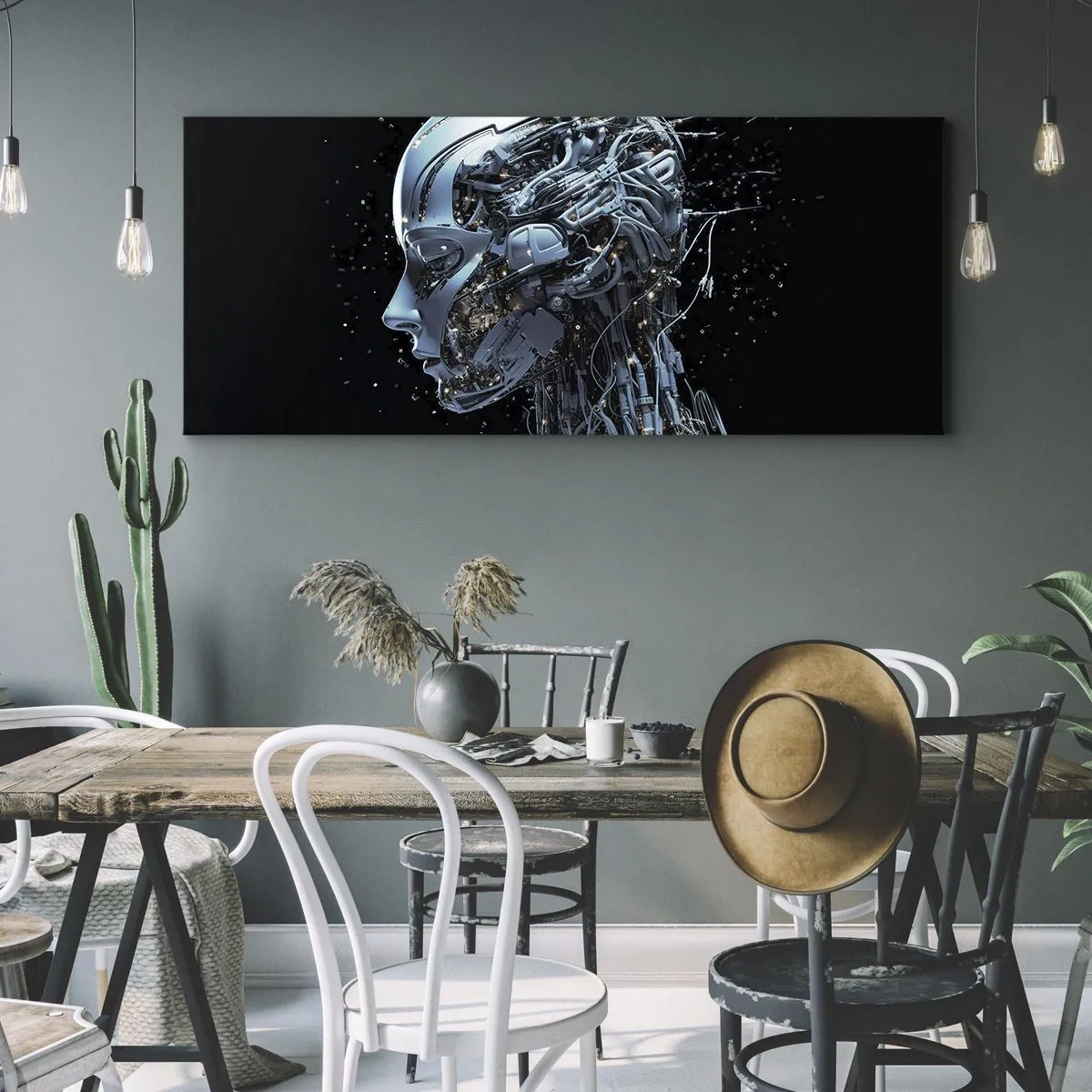 Cuadro sobre lienzo - Impresión de Imagen - Retrato futurista de un cyborg en estilo industrial sobre fondo negro. - 120x50cm - La tecnología es una mujer - Decoración de pared moderna para salón y dormitorio ARTTOR