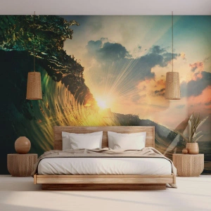 Fotomural Premium Sand - Puesta de sol sobre las olas del océano en luz dorada - 100x70cm - Surfer, ¿dónde estás? - Decoración de pared moderna para salón y dormitorio ARTTOR