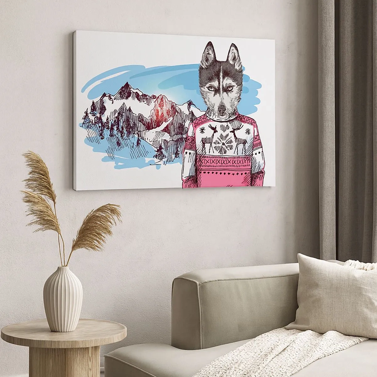 Cuadro sobre lienzo - Impresión de Imagen - Un lobo con un suéter de invierno frente a un paisaje montañoso. - 70x50cm - Un lobo con piel de cordero - Decoración de pared moderna para salón y dormitorio ARTTOR
