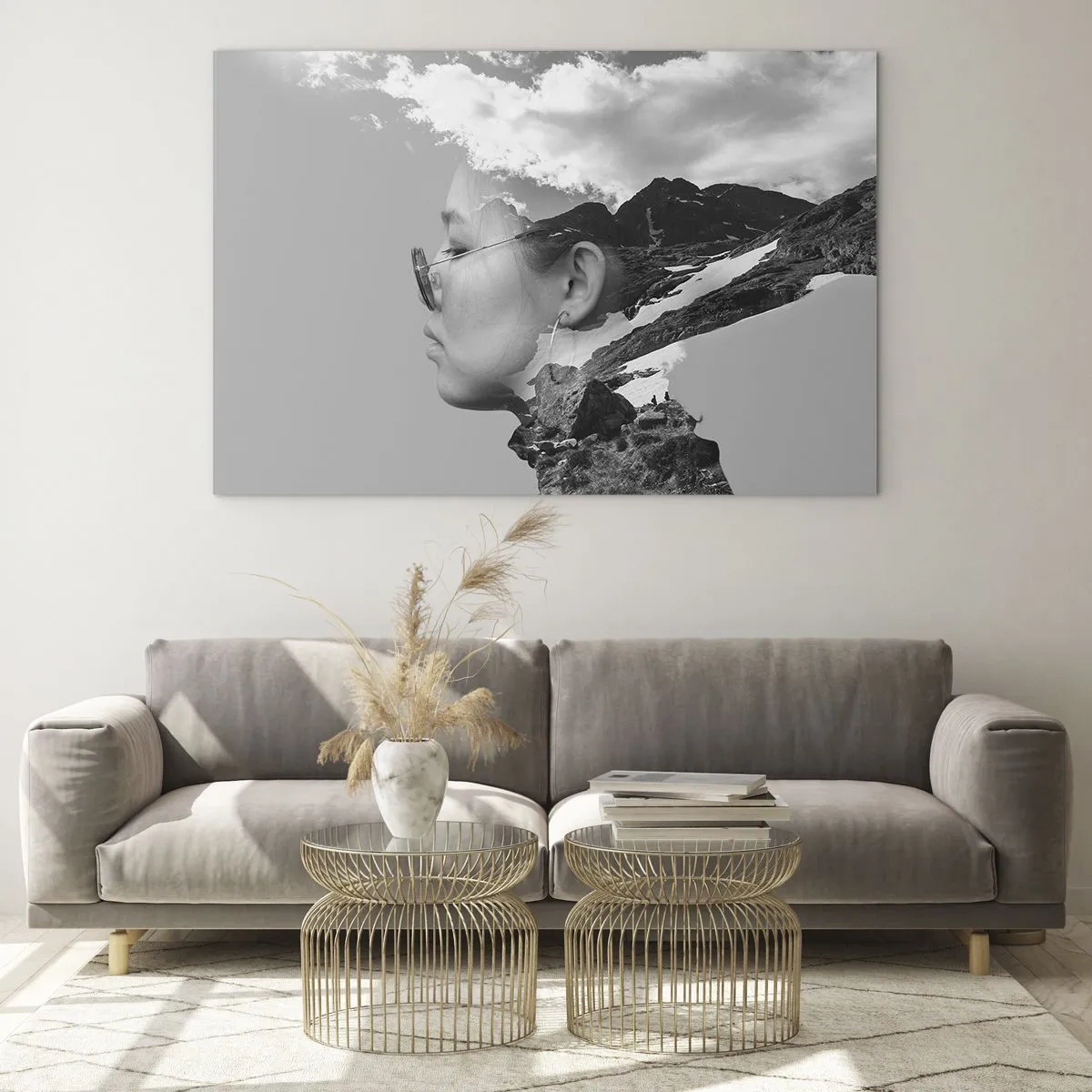 Cuadro sobre vidrio - Impresiones sobre Vidrio - Un retrato creativo de doble exposición con un paisaje de montaña y nubes. - 120x80cm - Retrato sobre montañas y nubes - Decoración de pared moderna para salón y dormitorio ARTTOR
