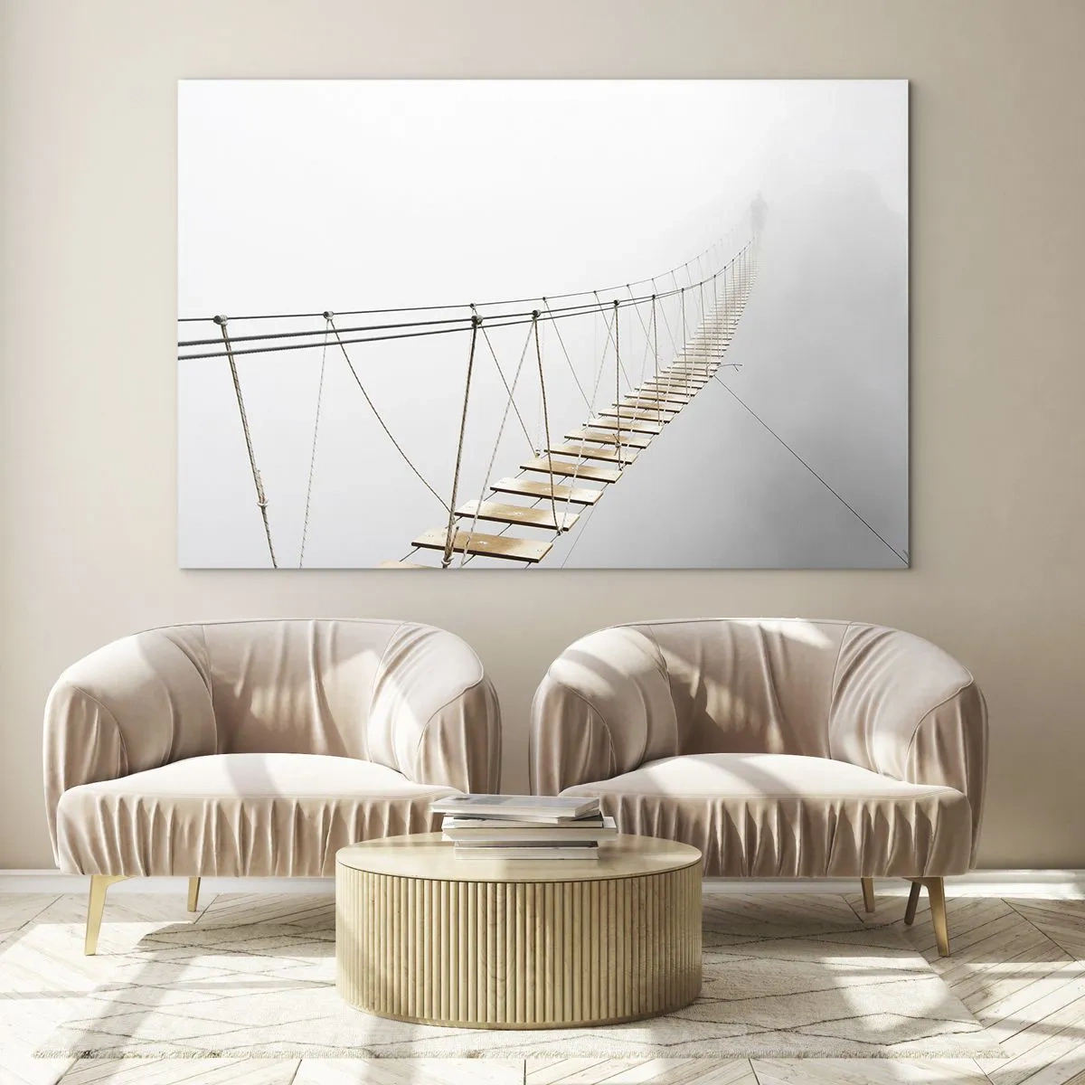 Cuadro sobre vidrio - Impresiones sobre Vidrio - Un puente colgante en la niebla que conduce a lo desconocido. - 70x50cm - ¿Adónde le llevará? - Decoración de pared moderna para salón y dormitorio ARTTOR