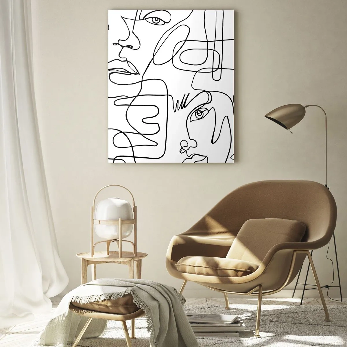 Cuadro sobre vidrio - Impresiones sobre Vidrio - Gráficos faciales de arte lineal en blanco y negro - 50x70cm - Entre emociones enredadas - Decoración de pared moderna para salón y dormitorio ARTTOR