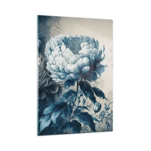 Cuadro sobre vidrio - Impresiones sobre Vidrio - Peonías bicolor en tonos azules y beige sobre un fondo vintage. - 50x70cm - Una pareja unida - Decoración de pared moderna para salón y dormitorio ARTTOR