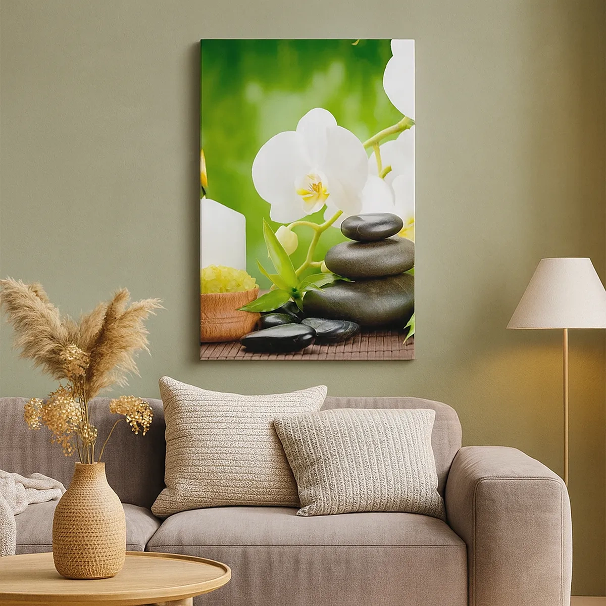 Cuadro sobre lienzo - Impresión de Imagen - Orquídeas, velas y piedras rodeadas de naturaleza. - 50x70cm - Un toque fragante, floral y suave - Decoración de pared moderna para salón y dormitorio ARTTOR