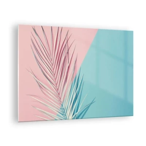 Cuadro sobre vidrio - Impresiones sobre Vidrio - Una hoja de palma sobre un fondo pastel en una composición geométrica. - 70x50cm - Impresión tropical - Decoración de pared moderna para salón y dormitorio ARTTOR