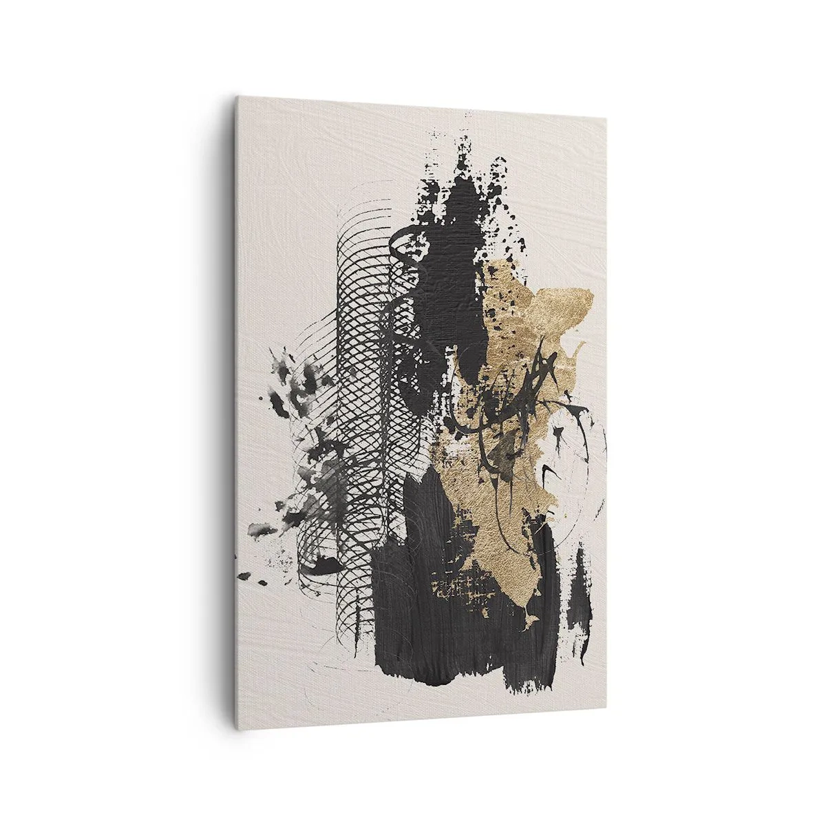 Cuadro sobre lienzo - Impresión de Imagen - Una pintura abstracta en negro y dorado con líneas y estructuras dinámicas. - 80x120cm - Composición con pasión - Decoración de pared moderna para salón y dormitorio ARTTOR