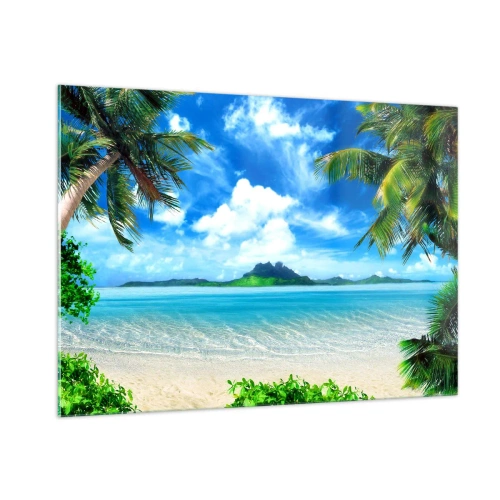 Cuadro sobre vidrio - Impresiones sobre Vidrio - Una playa tropical con palmeras y vistas a una isla montañosa. - 100x70cm - El azul de los trópicos - Decoración de pared moderna para salón y dormitorio ARTTOR