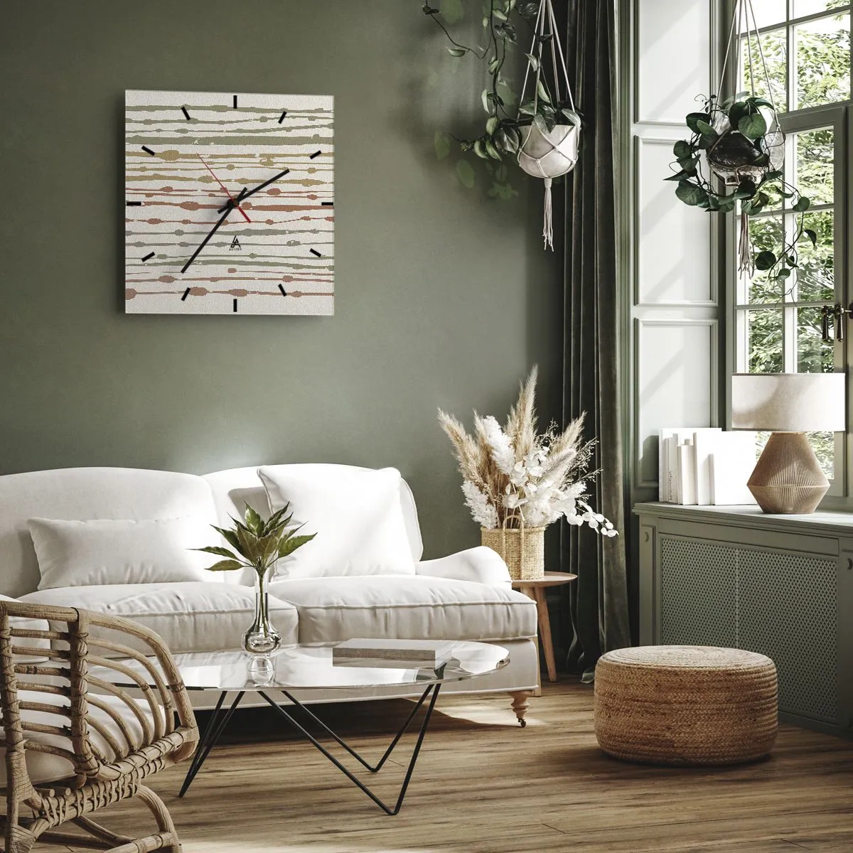 Reloj de pared - Reloj de vidrio - Un patrón de líneas en tonos cálidos sobre un fondo claro. - 30x30cm - Composición de notas musicales - Decoración de pared moderna para salón y dormitorio ARTTOR