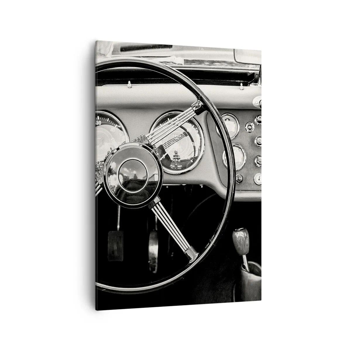 Cuadro sobre lienzo - Impresión de Imagen - Interior de coche clásico en blanco y negro - 70x100cm - El sueño de un coleccionista - Decoración de pared moderna para salón y dormitorio ARTTOR