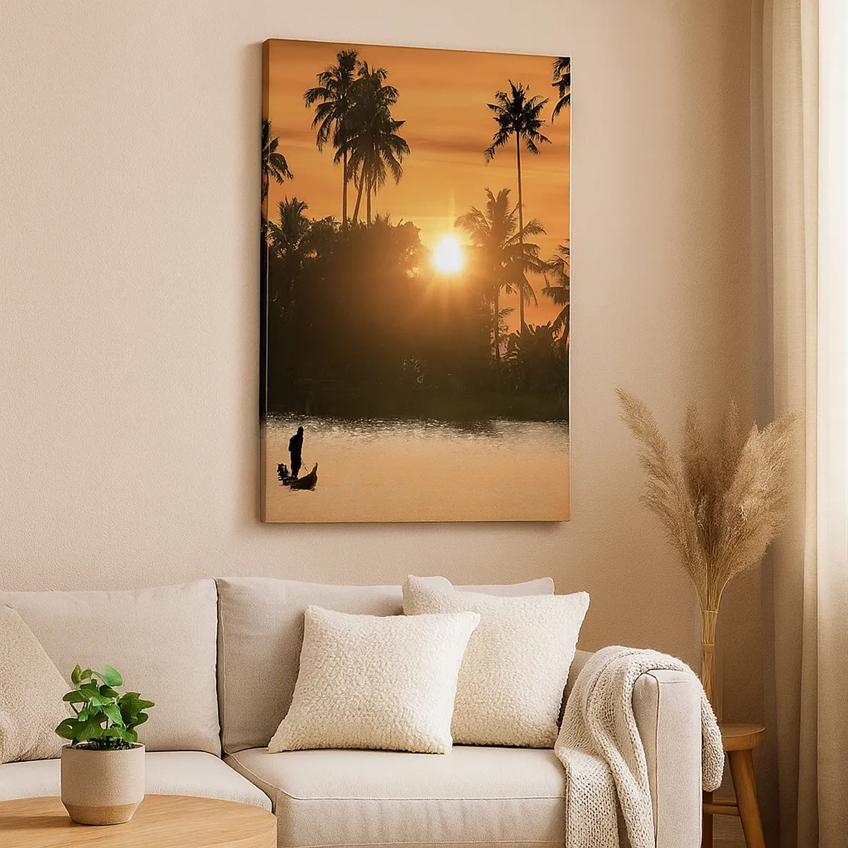 Cuadro sobre lienzo - Impresión de Imagen - Puesta de sol sobre palmeras y un lago tranquilo con un barco. - 50x70cm - Tiempo de descanso - Decoración de pared moderna para salón y dormitorio ARTTOR