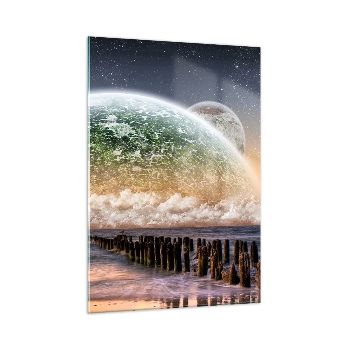 Cuadro sobre vidrio - Impresiones sobre Vidrio - Puesta de sol sobre el planeta y el océano. - 50x70cm - Y el mundo emergió del agua - Decoración de pared moderna para salón y dormitorio ARTTOR