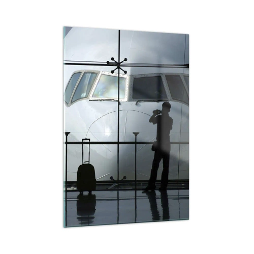 Cuadro sobre vidrio - Impresiones sobre Vidrio - Aeropuerto con vista del avión y siluetas de viajeros - 50x70cm - Vis a vis en el aeropuerto - Decoración de pared moderna para salón y dormitorio ARTTOR
