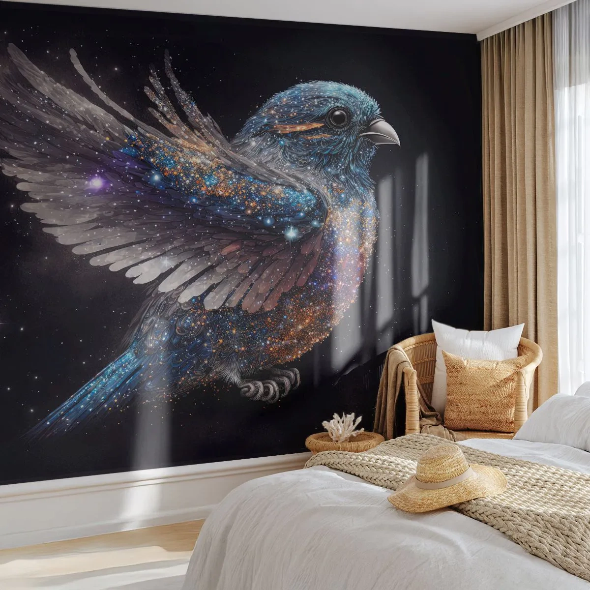 Fotomural Autadhesivo Deluxe Sticker - Gorrión de diamante - Pájaro, magia, Cosmos - 100x70 cm