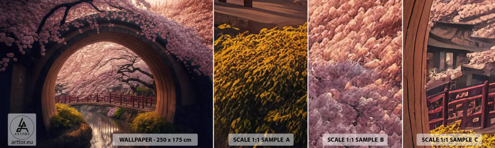 Muestra De Fotomural Standard Eco - Primavera japonesa - Puente, Japón, cereza japonesa - 100x30 cm