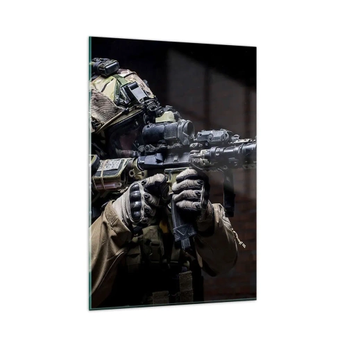 Cuadro sobre vidrio - Impresiones sobre Vidrio - Un soldado con equipo completo y un rifle. - 80x120cm - Mortalmente eficaz - Decoración de pared moderna para salón y dormitorio ARTTOR