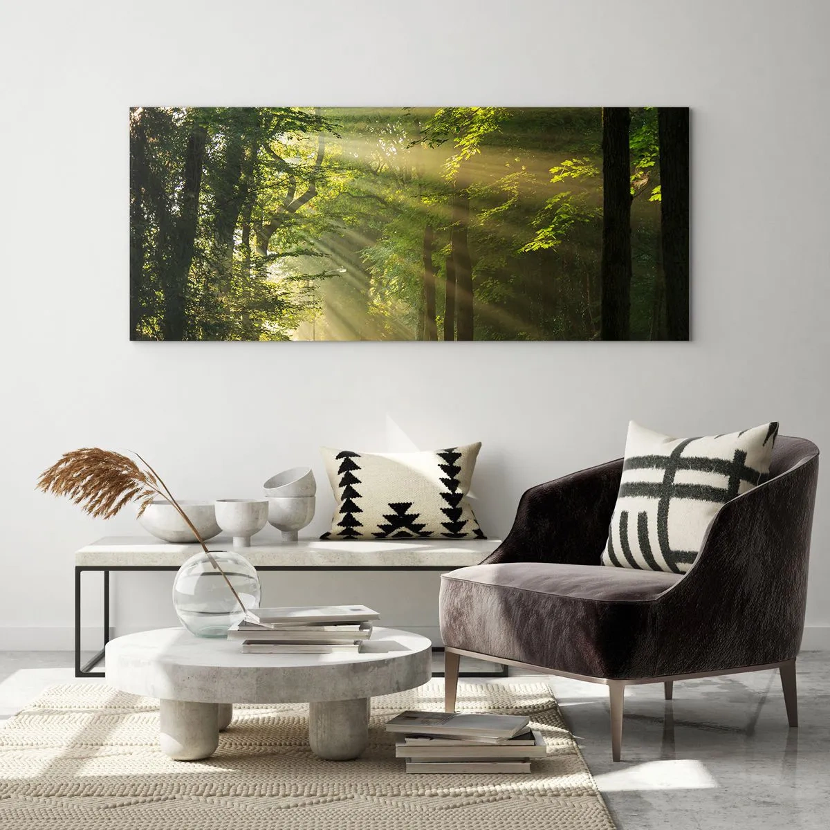 Cuadro sobre vidrio - Impresiones sobre Vidrio - Camino forestal con rayos de sol brillando a través de los árboles. - 140x50cm - Un momento en el bosque - Decoración de pared moderna para salón y dormitorio ARTTOR