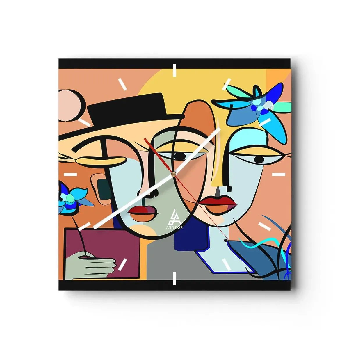 Reloj de pared - Reloj de vidrio - Retratos cubistas en colores vibrantes con motivo floral. - 30x30cm - Randez vous de Picasso - Decoración de pared moderna para salón y dormitorio ARTTOR