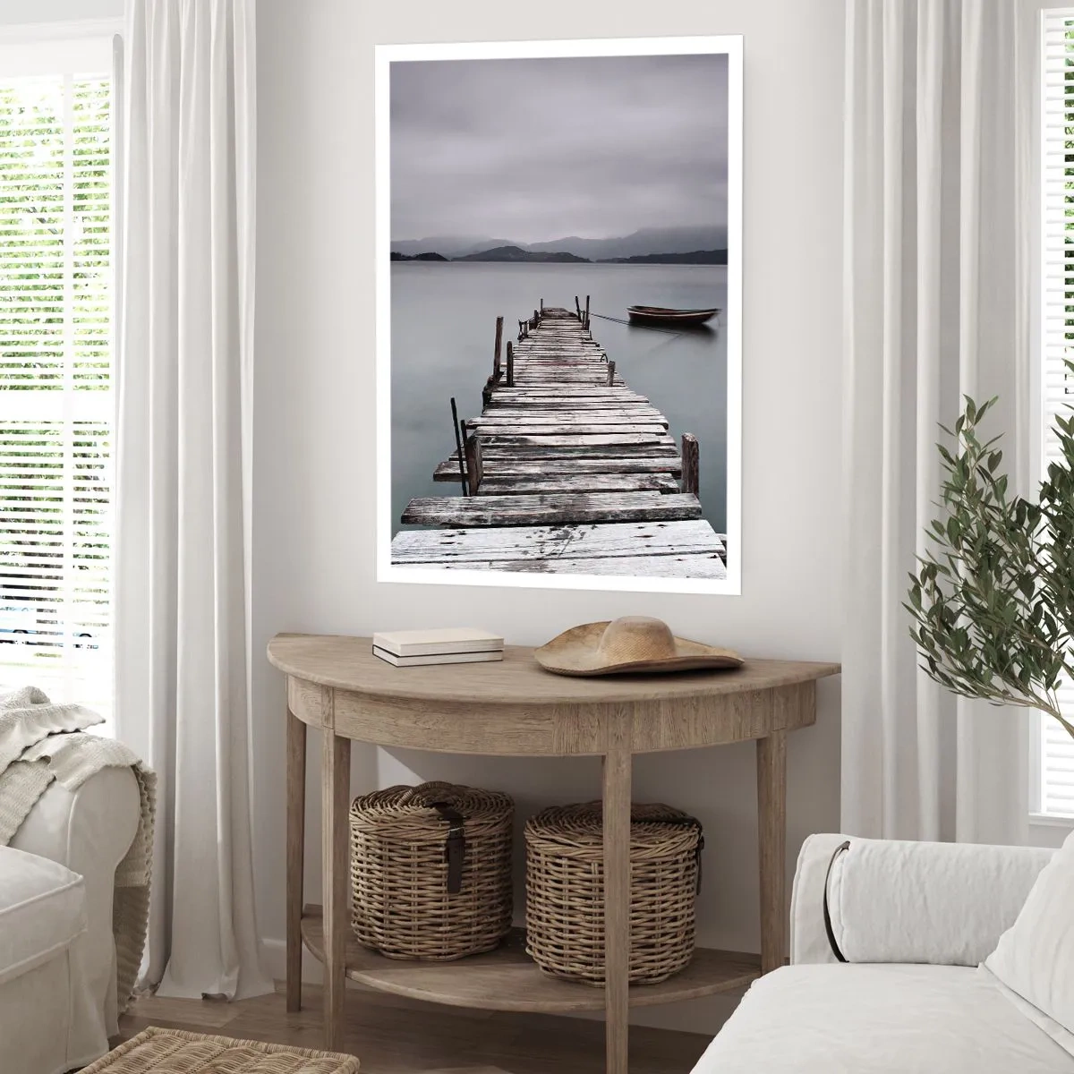 Póster - Un viejo muelle con un barco en aguas tranquilas. - 50x70cm - Mañana partimos - Decoración de pared moderna para salón y dormitorio ARTTOR