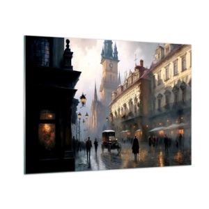 Cuadro sobre vidrio - Impresiones sobre Vidrio - Una calle histórica iluminada por faroles al anochecer - 100x70cm - La magia de una noche de Praga - Decoración de pared moderna para salón y dormitorio ARTTOR