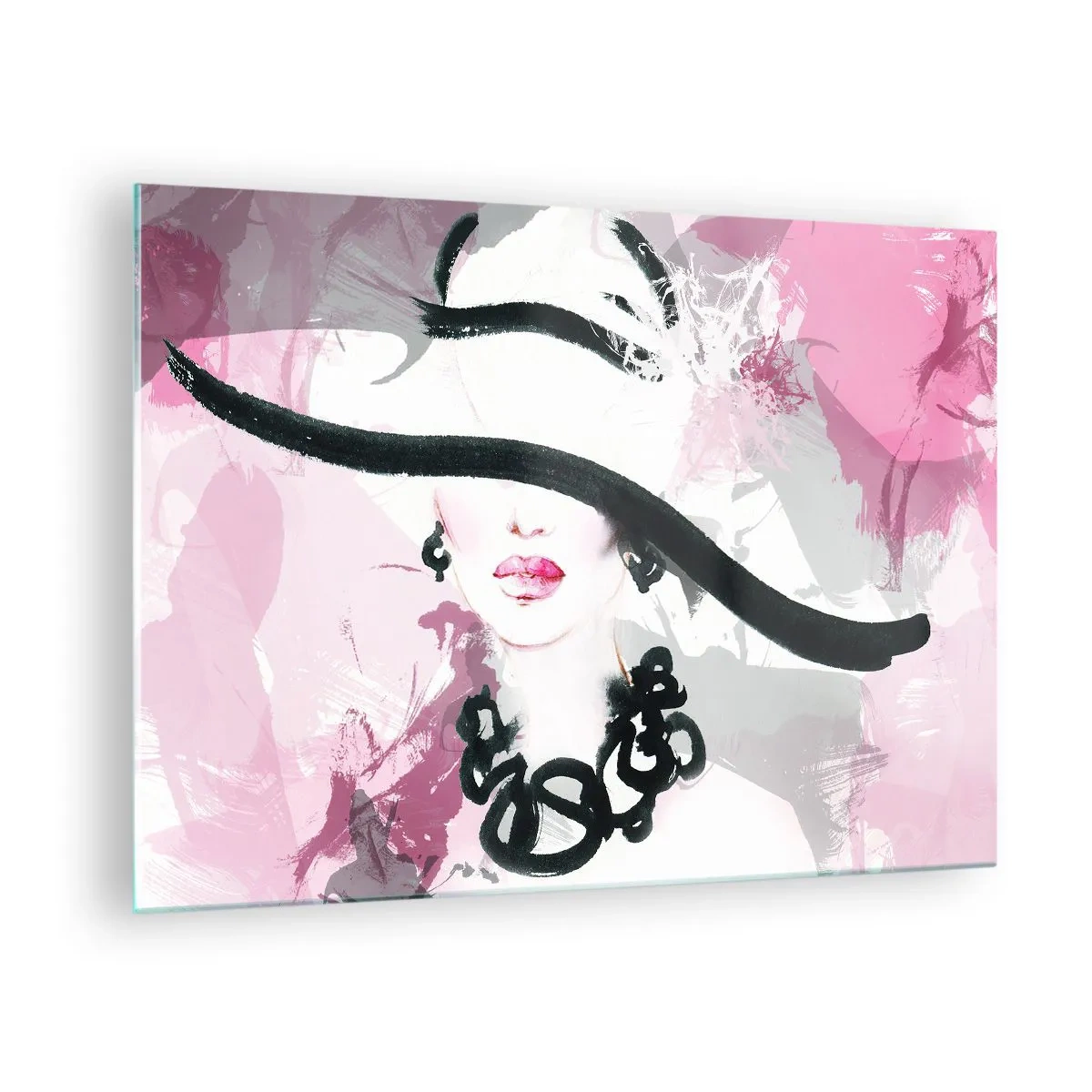 Cuadro sobre vidrio - Impresiones sobre Vidrio - Retrato de una mujer con un sombrero negro sobre un fondo rosa. - 70x50cm - Retrato de una dama en negro y rosa - Decoración de pared moderna para salón y dormitorio ARTTOR