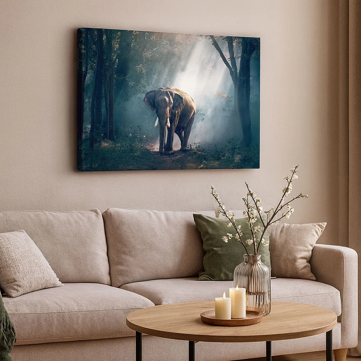 Cuadro sobre lienzo - Impresión de Imagen - Elefante en la luz del bosque - 70x50cm - Un paseo tranquilo - Decoración de pared moderna para salón y dormitorio ARTTOR