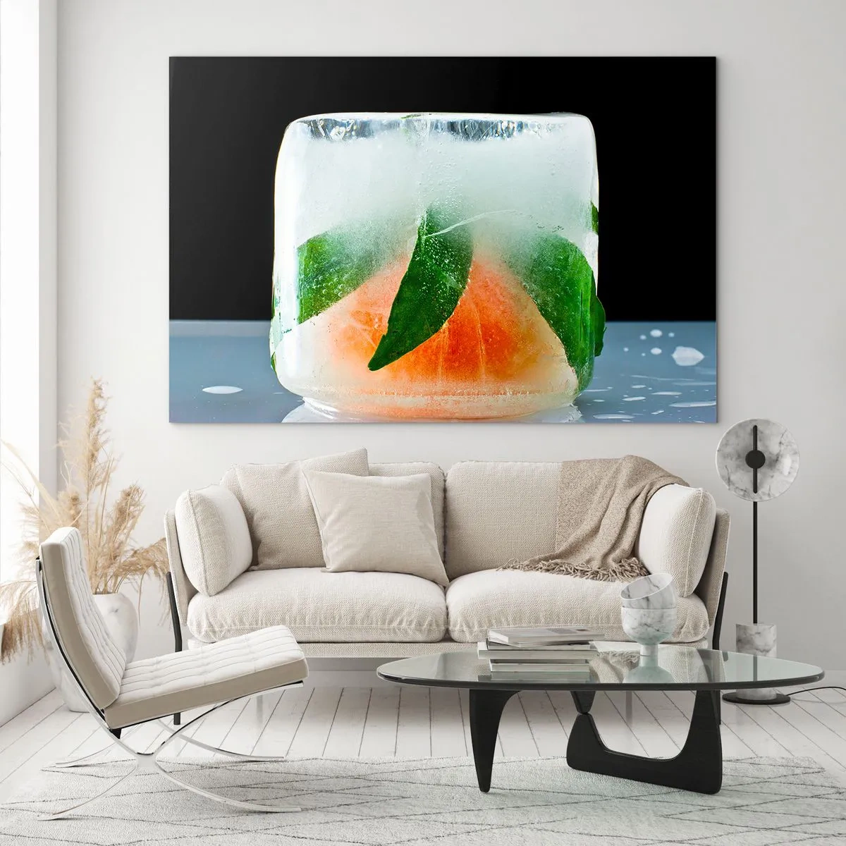 Cuadro sobre vidrio - Impresiones sobre Vidrio - Frutas y hojas congeladas en hielo transparente. - 100x70cm - Frescura - Decoración de pared moderna para salón y dormitorio ARTTOR