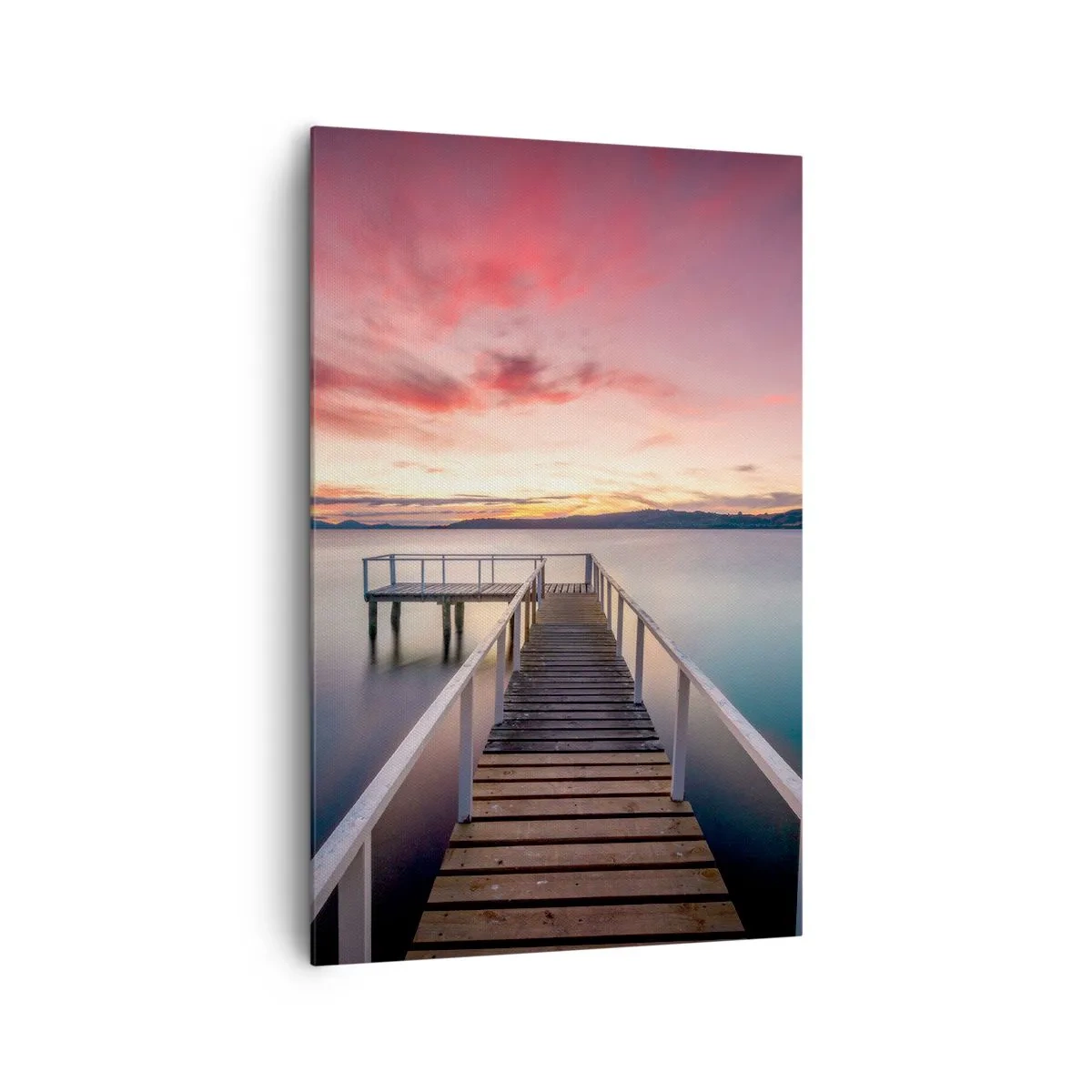Cuadro sobre lienzo - Impresión de Imagen - Un embarcadero que conduce a un lago tranquilo al atardecer. - 80x120cm - La suave llama del atardecer - Decoración de pared moderna para salón y dormitorio ARTTOR