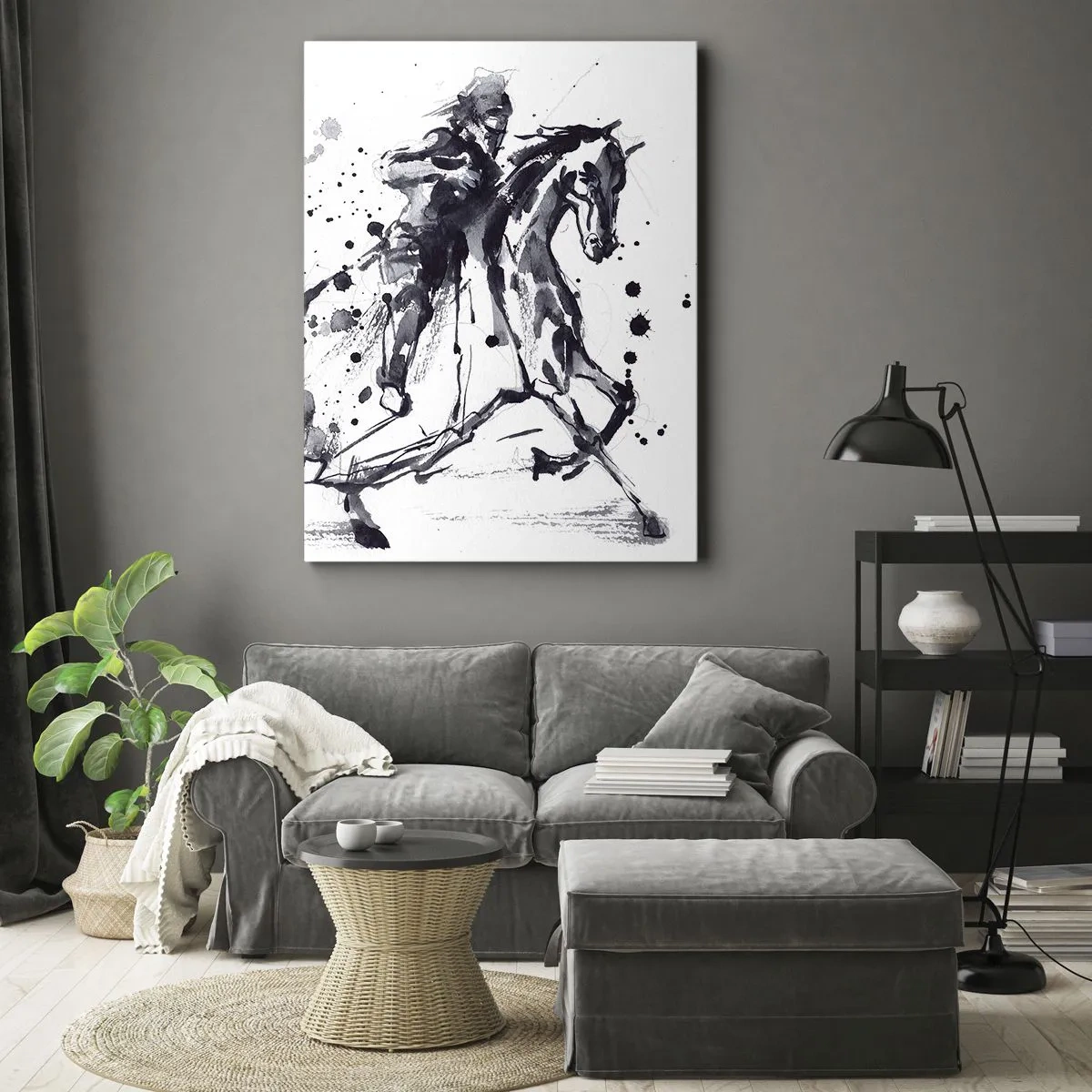 Cuadro sobre lienzo - Impresión de Imagen - Acuarela en blanco y negro de un jinete sobre un caballo al galope. - 50x70cm - Caballero negro - Decoración de pared moderna para salón y dormitorio ARTTOR