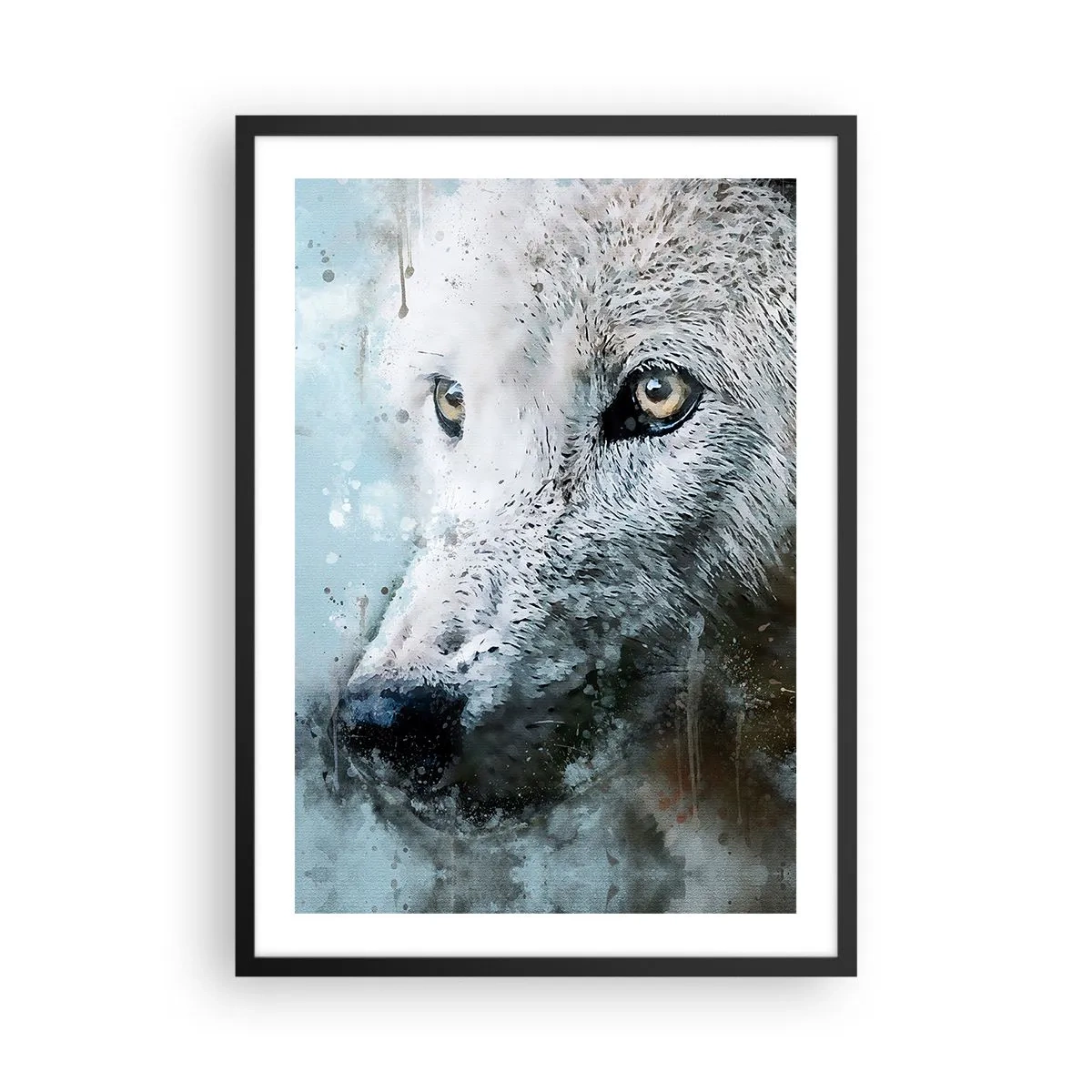 Póster en marco negro - Retrato de lobo con detalles artísticos de acuarela. - 50x70cm - Conoce el alma del lobo - Decoración de pared moderna para salón y dormitorio ARTTOR
