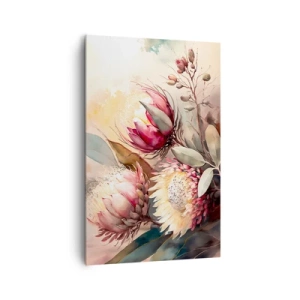 Cuadro sobre lienzo - Impresión de Imagen - Flores de protea en delicados tonos pastel. - 80x120cm - De perfil y de frente - Decoración de pared moderna para salón y dormitorio ARTTOR